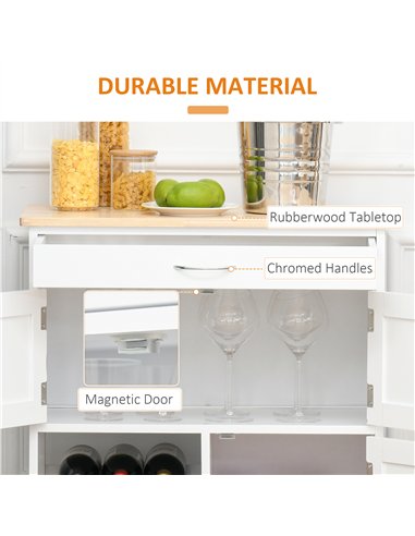 HOMCOM Modern Kitchen Trolley, Rolling Island Storage Cart with Drawer, 9-bottle Wine Rack, Door Cabinets, Wooden Countertop, Wh