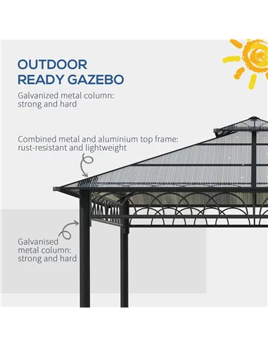 Outsunny 3 x 3 (m) Outdoor Polycarbonate Gazebo, Double Roof Hard Top Gazebo with Galvanised Steel Frame, Nettings & Curtains fo