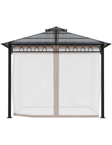 Outsunny 3 x 3 (m) Outdoor Polycarbonate Gazebo, Double Roof Hard Top Gazebo with Galvanised Steel Frame, Nettings & Curtains fo
