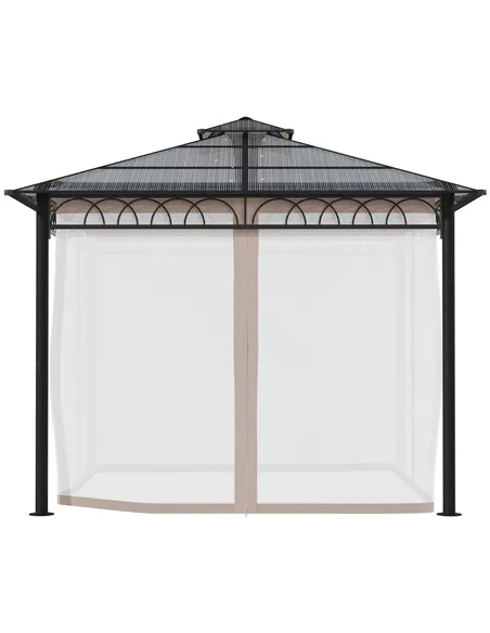 Outsunny 3 x 3 (m) Outdoor Polycarbonate Gazebo, Double Roof Hard Top Gazebo with Galvanised Steel Frame, Nettings & Curtains fo