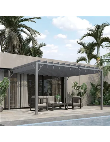 Outsunny 4 x 3(m) Outdoor Pergola with Retractable Roof, Aluminium Louvered Patio Gazebo Canopy for Lawn Garden Patio, Grey