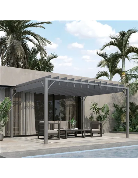 Outsunny 4 x 3(m) Outdoor Pergola with Retractable Roof, Aluminium Louvered Patio Gazebo Canopy for Lawn Garden Patio, Grey