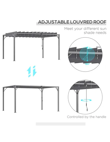 Outsunny 4 x 3(m) Outdoor Pergola with Retractable Roof, Aluminium Louvered Patio Gazebo Canopy for Lawn Garden Patio, Grey