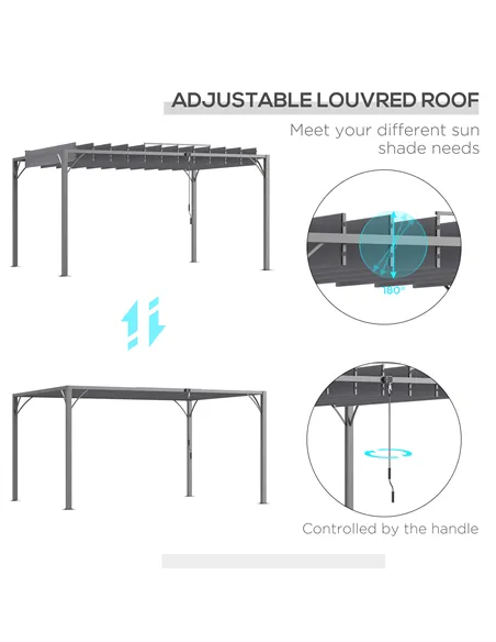 Outsunny 4 x 3(m) Outdoor Pergola with Retractable Roof, Aluminium Louvered Patio Gazebo Canopy for Lawn Garden Patio, Grey