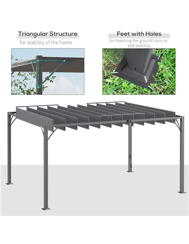 Outsunny 4 x 3(m) Outdoor Pergola with Retractable Roof, Aluminium Louvered Patio Gazebo Canopy for Lawn Garden Patio, Grey