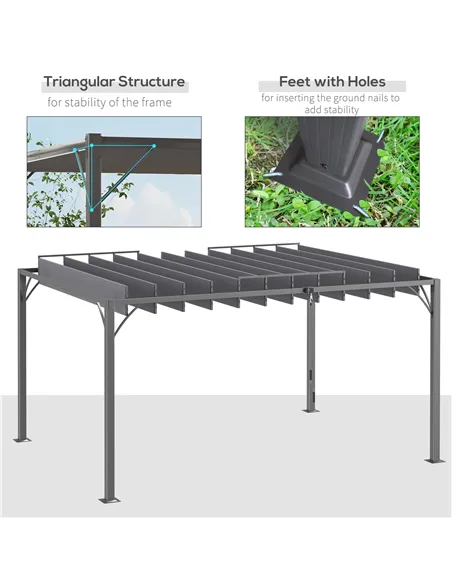 Outsunny 4 x 3(m) Outdoor Pergola with Retractable Roof, Aluminium Louvered Patio Gazebo Canopy for Lawn Garden Patio, Grey