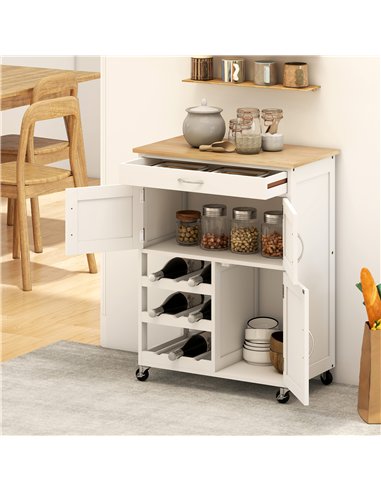 HOMCOM Modern Kitchen Trolley, Rolling Island Storage Cart with Drawer, 9-bottle Wine Rack, Door Cabinets, Wooden Countertop, Wh
