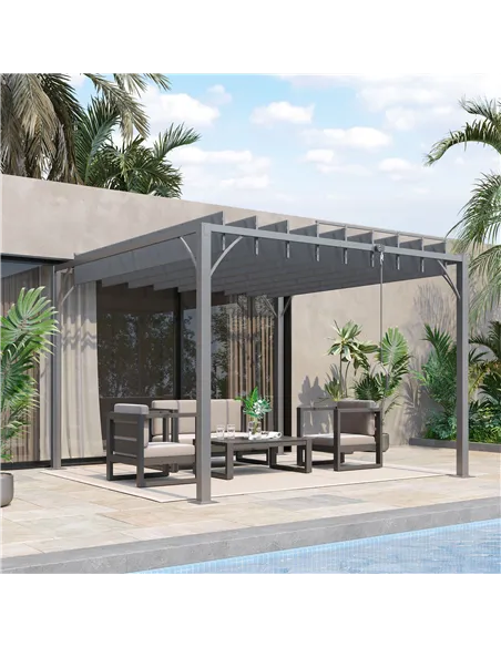 Outsunny 3 x 3(m) Outdoor Pergola with Retractable Roof, Aluminium Louvered Patio Gazebo Canopy for Lawn Garden Patio, Grey