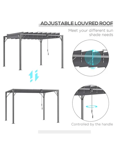 Outsunny 3 x 3(m) Outdoor Pergola with Retractable Roof, Aluminium Louvered Patio Gazebo Canopy for Lawn Garden Patio, Grey