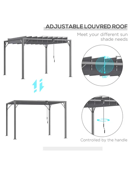 Outsunny 3 x 3(m) Outdoor Pergola with Retractable Roof, Aluminium Louvered Patio Gazebo Canopy for Lawn Garden Patio, Grey