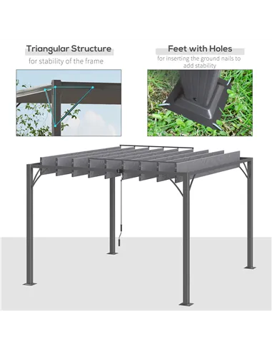 Outsunny 3 x 3(m) Outdoor Pergola with Retractable Roof, Aluminium Louvered Patio Gazebo Canopy for Lawn Garden Patio, Grey