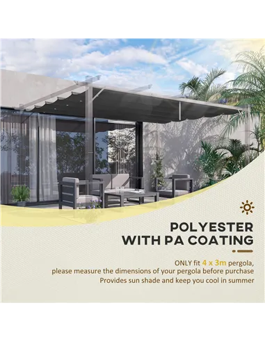 Outsunny Retractable Pergola Shade Cover, Replacement Canopy for 4 x 3 (m) Pergola, Retractable Roof, Dark Grey