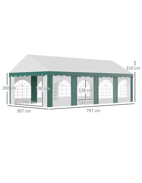Outsunny 8 x 4m Garden Gazebo with Sides, Galvanised Marquee Party Tent with Eight Windows and Double Doors, for Parties, Weddin