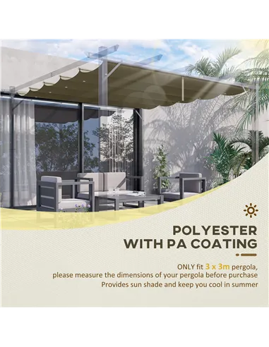 Outsunny Retractable Pergola Shade Cover, Replacement Canopy Fabric for 3 x 3 (m) Pergola, Gazebo Retractable Roof, Tan