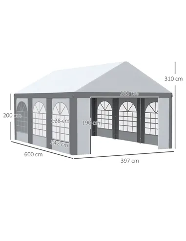 Outsunny 6 x 4m Galvanised Party Tent, Marquee Gazebo with Sides, Six Windows and Double Doors, for Parties, Wedding and Events