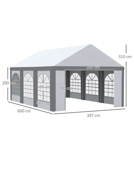 Outsunny 6 x 4m Galvanised Party Tent, Marquee Gazebo with Sides, Six Windows and Double Doors, for Parties, Wedding and Events