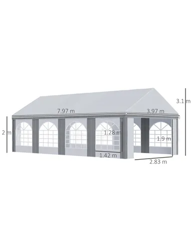 Outsunny 8 x 4m Galvanised Party Tent, Marquee Gazebo with Sides, Eight Windows and Double Doors, for Parties, Wedding and Event