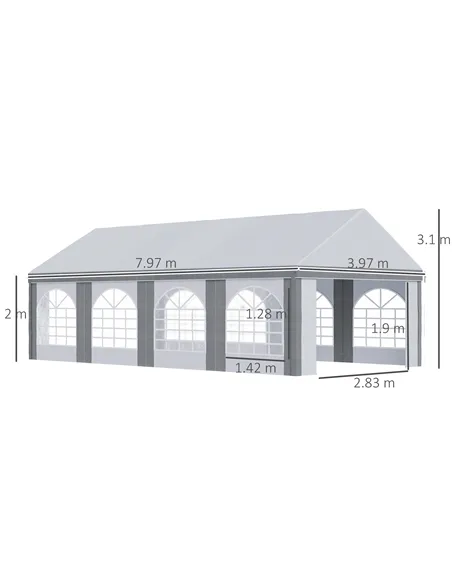 Outsunny 8 x 4m Galvanised Party Tent, Marquee Gazebo with Sides, Eight Windows and Double Doors, for Parties, Wedding and Event