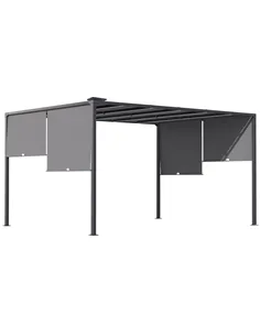 Outsunny 3(m) x 4m Metal Pergola with LED Lights, Outdoor Garden Pergola with Sliding Roof, Solar Powered, for BBQ, Lawn, Dark G