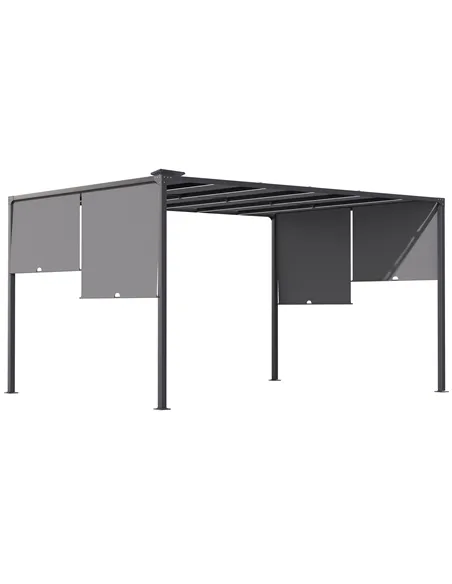 Outsunny 3(m) x 4m Metal Pergola with LED Lights, Outdoor Garden Pergola with Sliding Roof, Solar Powered, for BBQ, Lawn, Dark G