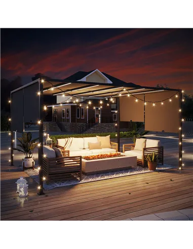 Outsunny 3(m) x 4m Metal Pergola with LED Lights, Outdoor Garden Pergola with Sliding Roof, Solar Powered, for BBQ, Lawn, Dark G