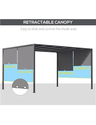 Outsunny 3(m) x 4m Metal Pergola with LED Lights, Outdoor Garden Pergola with Sliding Roof, Solar Powered, for BBQ, Lawn, Dark G