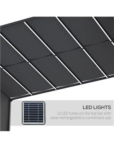 Outsunny 3(m) x 4m Metal Pergola with LED Lights, Outdoor Garden Pergola with Sliding Roof, Solar Powered, for BBQ, Lawn, Dark G