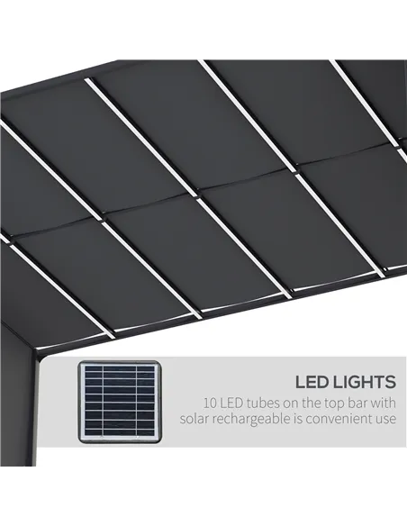 Outsunny 3(m) x 4m Metal Pergola with LED Lights, Outdoor Garden Pergola with Sliding Roof, Solar Powered, for BBQ, Lawn, Dark G