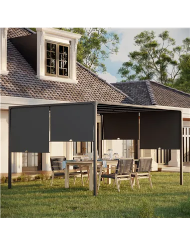 Outsunny 3(m) x 4m Metal Pergola with LED Lights, Outdoor Garden Pergola with Sliding Roof, Solar Powered, for BBQ, Lawn, Dark G