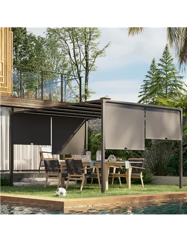 Outsunny 3(m) x 4m Metal Pergola with LED Lights, Outdoor Garden Pergola with Sliding Roof, Solar Powered, for BBQ, Lawn, Dark G