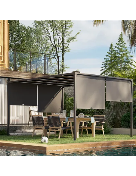Outsunny 3(m) x 4m Metal Pergola with LED Lights, Outdoor Garden Pergola with Sliding Roof, Solar Powered, for BBQ, Lawn, Dark G