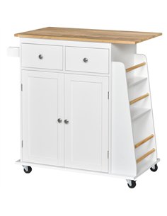 HOMCOM Kitchen Island on Wheels, Mobile Storage Trolley, Rolling Kitchen Cart with Rubber Wood Top, 2-Door Cabinets, 2 Drawers, 