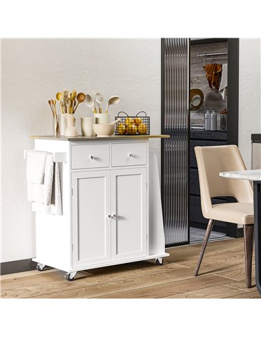 HOMCOM Kitchen Island on Wheels, Mobile Storage Trolley, Rolling Kitchen Cart with Rubber Wood Top, 2-Door Cabinets, 2 Drawers, 