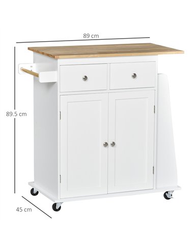 HOMCOM Kitchen Island on Wheels, Mobile Storage Trolley, Rolling Kitchen Cart with Rubber Wood Top, 2-Door Cabinets, 2 Drawers, 