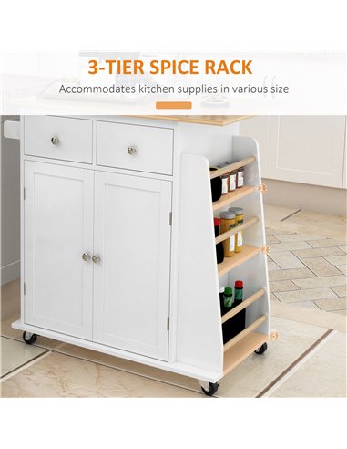 HOMCOM Kitchen Island on Wheels, Mobile Storage Trolley, Rolling Kitchen Cart with Rubber Wood Top, 2-Door Cabinets, 2 Drawers, 