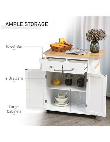 HOMCOM Kitchen Island on Wheels, Mobile Storage Trolley, Rolling Kitchen Cart with Rubber Wood Top, 2-Door Cabinets, 2 Drawers, 