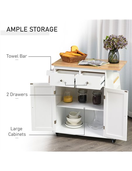 HOMCOM Kitchen Island on Wheels, Mobile Storage Trolley, Rolling Kitchen Cart with Rubber Wood Top, 2-Door Cabinets, 2 Drawers, 