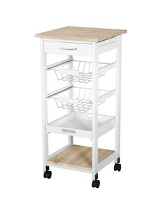 HOMCOM Mobile Rolling Kitchen Island Trolley for Home w/ Metal Baskets Trays Shelves Wheels Compact Stylish Storage White