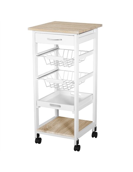 HOMCOM Mobile Rolling Kitchen Island Trolley for Home w/ Metal Baskets Trays Shelves Wheels Compact Stylish Storage White