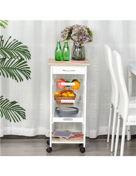 HOMCOM Mobile Rolling Kitchen Island Trolley for Home w/ Metal Baskets Trays Shelves Wheels Compact Stylish Storage White
