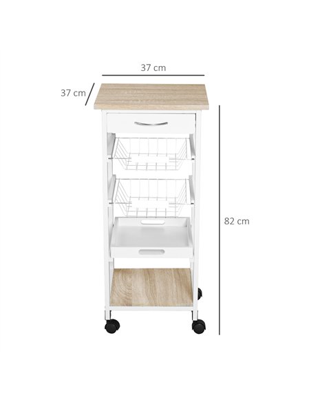 HOMCOM Mobile Rolling Kitchen Island Trolley for Home w/ Metal Baskets Trays Shelves Wheels Compact Stylish Storage White