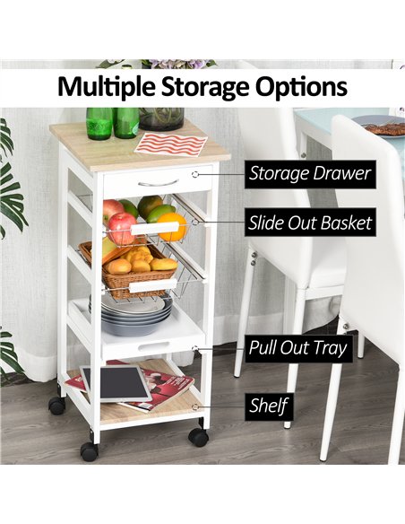 HOMCOM Mobile Rolling Kitchen Island Trolley for Home w/ Metal Baskets Trays Shelves Wheels Compact Stylish Storage White