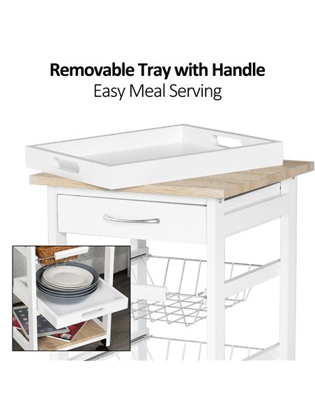 HOMCOM Mobile Rolling Kitchen Island Trolley for Home w/ Metal Baskets Trays Shelves Wheels Compact Stylish Storage White