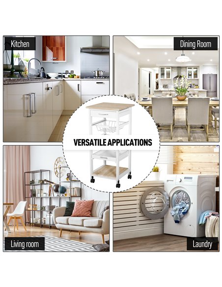 HOMCOM Mobile Rolling Kitchen Island Trolley for Home w/ Metal Baskets Trays Shelves Wheels Compact Stylish Storage White