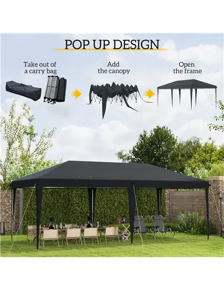 Outsunny Pop Up Gazebo 3 x 6m, Foldable Canopy Tent, Height Adjustable Wedding Awning Canopy w/ Carrying Bag, Black