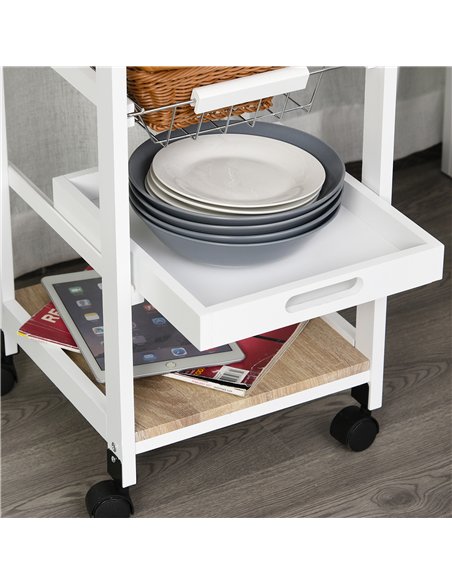 HOMCOM Mobile Rolling Kitchen Island Trolley for Home w/ Metal Baskets Trays Shelves Wheels Compact Stylish Storage White