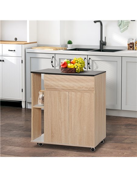 HOMCOM Kitchen Storage Trolley Cart Cupboard Rolling Island Shelves Cabinet With Door and Drawer Locking Wheels