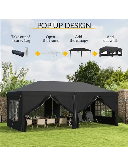 Outsunny 3 x 6 m Pop Up Gazebo with Sides and Windows, Height Adjustable Wedding Camping Party Tent Canopy Marquee with Storage 