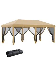 Outsunny 3 x 6m Pop Up Gazebo, Outdoor Canopy Shelter, Marquee Party Wedding Tent with 6 Mesh Walls and Carry Bag, Beige