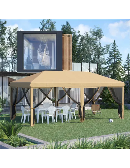 Outsunny 3 x 6m Pop Up Gazebo, Outdoor Canopy Shelter, Marquee Party Wedding Tent with 6 Mesh Walls and Carry Bag, Beige